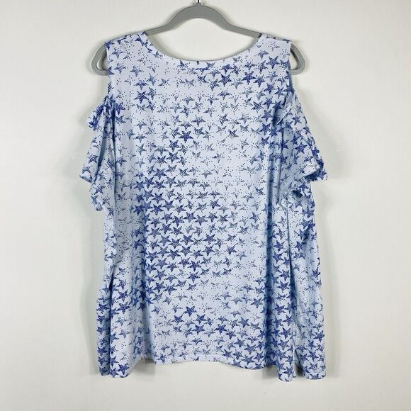 Woman Within Plus Size 26 28 2X Stars Print Cold Shoulder Tee Top White Blue - Picture 3 of 6